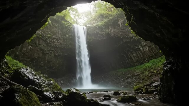 Beautiful waterfall cascade view from inside a dark cave with lush greenery around