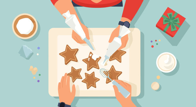 Festive holiday season activity: Decorating star-shaped cookies with icing on a bright table - Powered by Adobe