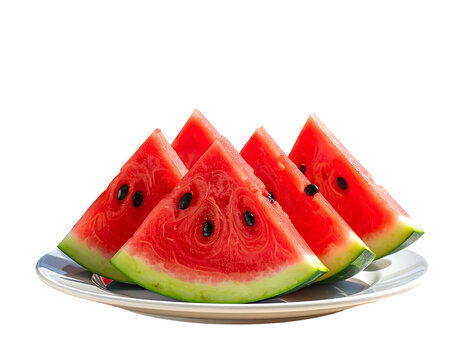 Four juicy watermelon slices, arranged on a white plate, reveal bright red flesh and black seeds against a dark backdrop - Powered by Adobe