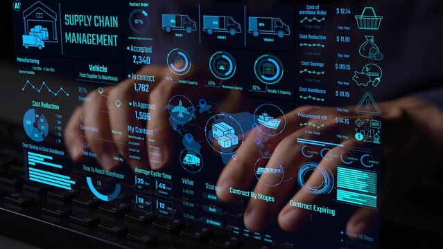 Supply chain management interface showing delivery routes, warehouse efficiency, cost savings, vehicle tracking, procurement ROI, and contract stages. Futuristic supply chain monitoring system. Thunk - Powered by Adobe