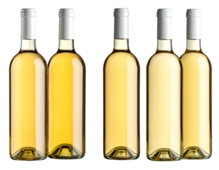 Five glass bottles filled with yellow liquid, silver caps, arranged in a row against a black background