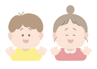 手を振って笑っている男の子と女の子　ポーズ　表情