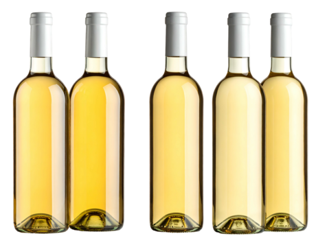 Five glass bottles filled with yellow liquid, silver caps, arranged in a row against a black background