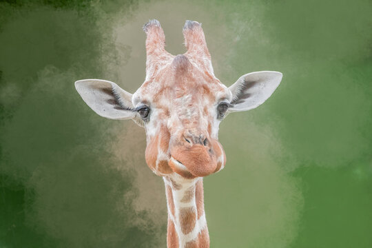 Giraffe Head Close-up Straight-faced Expression against Soft Green Background - Powered by Adobe