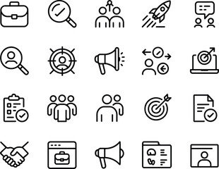 Business and teamwork icon set, briefcase, magnifying glass, group, rocket launch, communication, target, checklist, handshake, profile, marketing, leadership, success