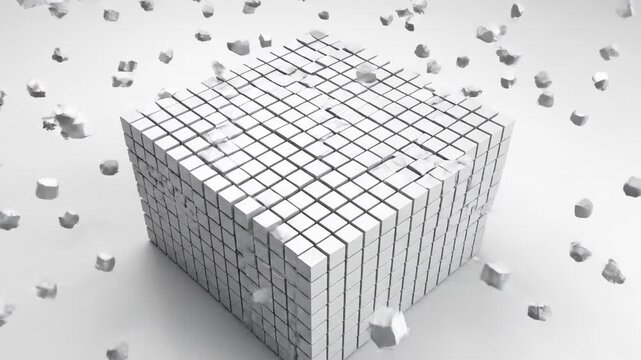 Deconstruction: A conceptual visualization of a structured object being broken apart, embodying transformation and change.