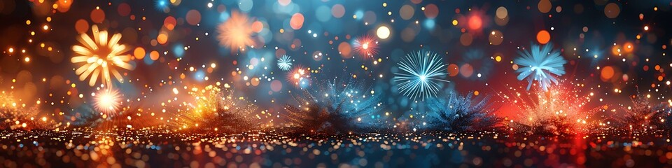 Fototapeta premium Panoramic Celebration of Dazzling Fireworks and Sparkling Bokeh Lights at Night