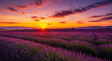 Blooming Lavender Fields Under Vibrant Sunset Sky