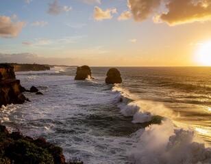 Fototapeta premium Breathtaking coastal landscape with dramatic sea stacks and crashing ocean waves under a brilliant golden sunset sky