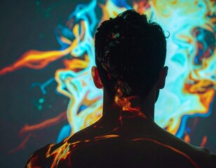 A man's silhouette captivated by vibrant abstract light projections creating an immersive experience