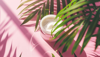 Closeup of cosmetic cream jar with palm leaves on a pink background