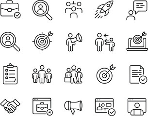 Business management icons, target audience, employee search, career development, teamwork, communication, leadership, recruitment, job portal, success planning symbols