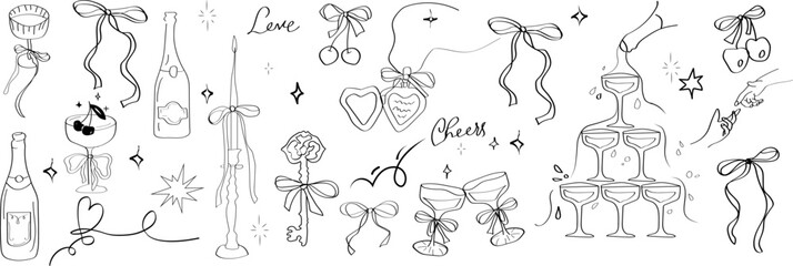 Trendy art for Valentine day and wedding invitations Outline vector illustration set.
