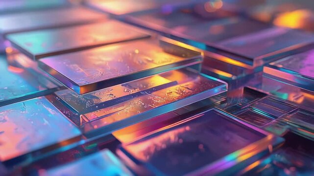 Modern mosaic of translucent tiles: a striking display of overlapping, glowing rectangular glass tiles, their surfaces reflecting a spectrum of colors, showcasing an interplay of light and shadow.