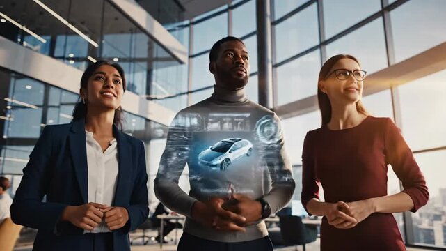 Diverse team collaborating on futuristic automotive design using holographic technology - Powered by Adobe