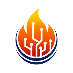 Abstract logo depicting a stylized flame with circuit board elements and blue curved lines at the base.