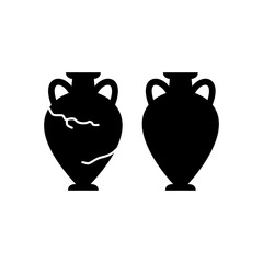 Silhouette illustration of two ancient Greek amphora vases, one whole and one cracked, set against a white background.