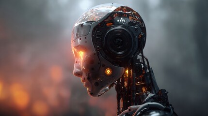 Futuristic AI robot powered power station glowing cybernetic energy