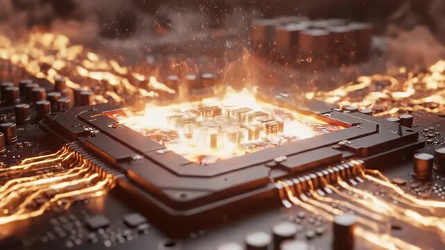 Closeup of a computer processor overheating with glowing orange energy and smoke on a dark circuit board