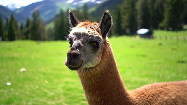 Domesticated camelid grazing in lush green mountain pasture on sunny day