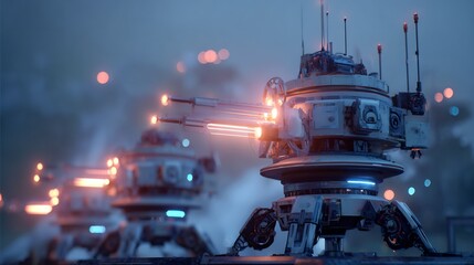 Futuristic AI robotic defense towers glowing energy weapons