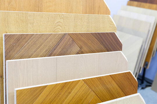 Examples of wood pattern flooring on display