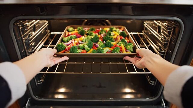 Person hands placing a baking sheet filled with raw chopped vegetables, including broccoli, red and yellow bell peppers and red onions, into a hot oven for roasting.