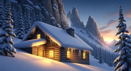 Cozy Log Cabin Illuminated by Warm Lights in a Serene Snowy Mountain Landscape at Sunset, Featuring Pine Trees and Icicles.