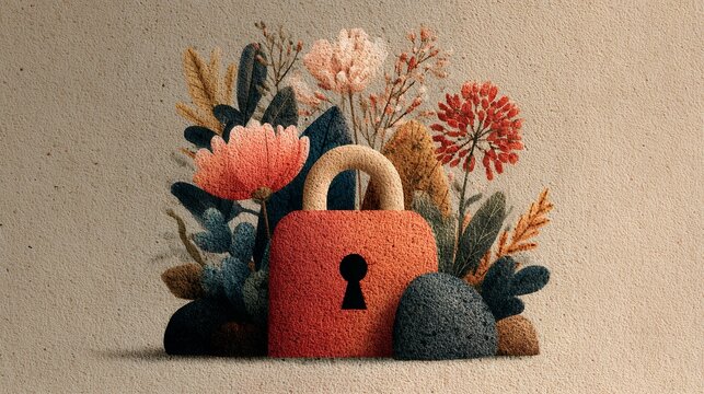 Simple boho flat illustration depicting a broken lock surrounded by gentle abstract shapes, symbol of liberation and safety, warm muted tones, modern advocacy style