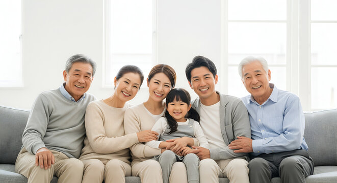 Happy Asian Family Portrait: Three Generations Smiling Together on Sofa - Powered by Adobe