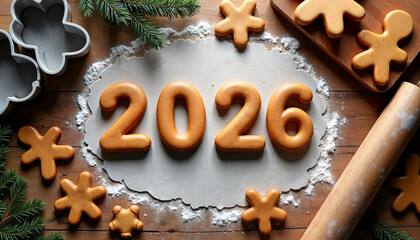christmas gingerbread cookies in shape on 2026, flatlay, horizontal picture