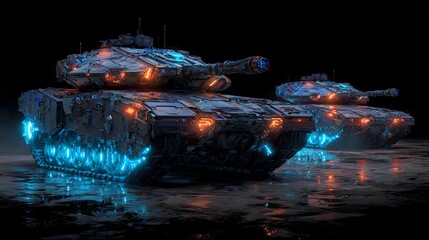 Futuristic AI robotic tanks glowing armor cybernetic battlefield