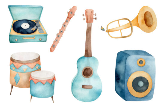 Watercolor Musical Instruments on Transparent Background for Creative Projects