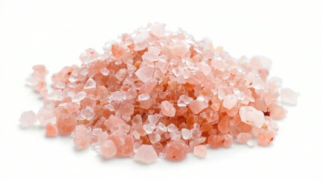 Video A pile of pink Himalayan salt sits atop a white surface, perfect for decorative use or as a unique accent