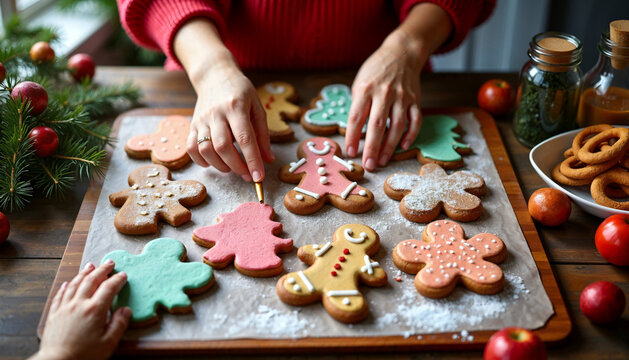 christmas gingerbread cookies on table, hands of woman cooking and child's hand taking one cookie