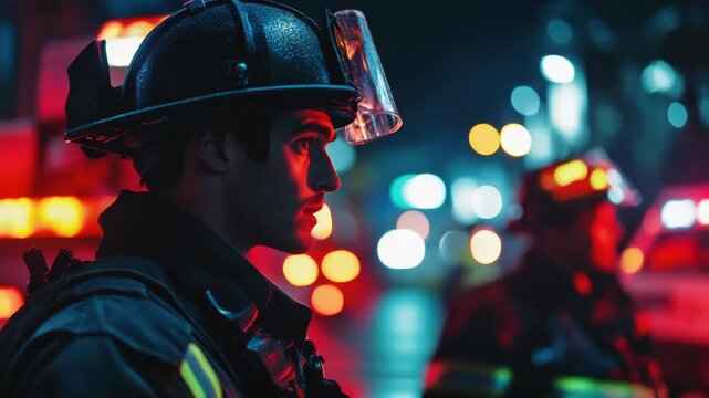 Video A fireman stands near his fire truck, ready for emergency response