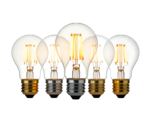 Group of five glowing incandescent light bulbs arranged in a semi-circle formation against a black background