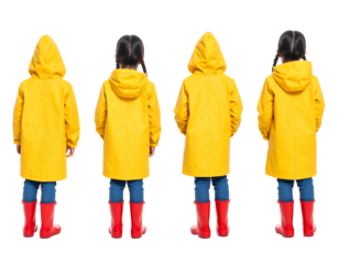 Four children stand facing away, showcasing bright yellow raincoats with hoods, red boots, and dark hair. The background is black