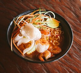 Asian Noodle Soup with Shrimp and Vegetable Garnish