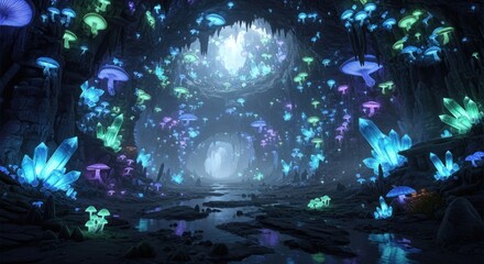 Naklejka premium Bioluminescent Cave: Glowing Mushrooms, Ethereal Crystals, and a Subterranean River in a Mystical Underground Fantasy World