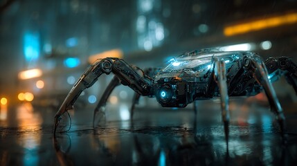Futuristic AI spider robot crawling glass wall cybernetic details dark neon environment