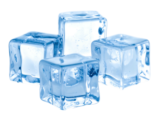 Four transparent, cool, blue-toned ice cubes against a black background. The cubes are clear and reflect light