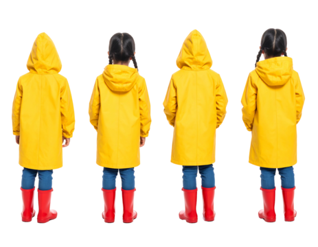 Four children stand facing away, showcasing bright yellow raincoats with hoods, red boots, and dark hair. The background is black