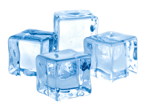 Four transparent, cool, blue-toned ice cubes against a black background. The cubes are clear and reflect light