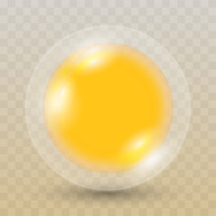 3D Transparent Glass Button with Yellow Gel Sphere – Realistic Glossy Round UI Element, Abstract Liquid Molecule Icon for App Design and Modern Digital Graphics Vector Illustration