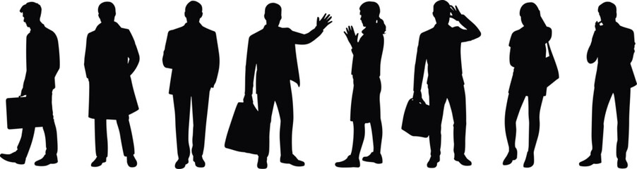 Business people silhouettes, professional team, standing poses, walking, talking, holding briefcases, group vector, black silhouette, corporate illustration, isolated background