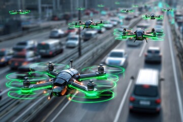 Futuristic AI traffic control system robotic drones guiding vehicles
