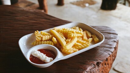 Crinkle-Cut Fries with Ketchup and Mayo on Rustic Wood