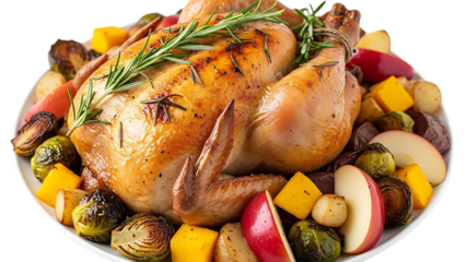 Roasted chicken with vegetables isolated on transparent background