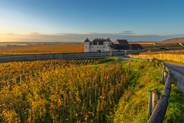 Naklejka premium Chateau du Clos de Vougeot, Bourgogne vineyards at sunset